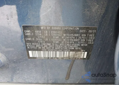 2022 Subaru Outback Premium z USA, uszkodzony, nr VIN 4S4BTADC4N3139656
